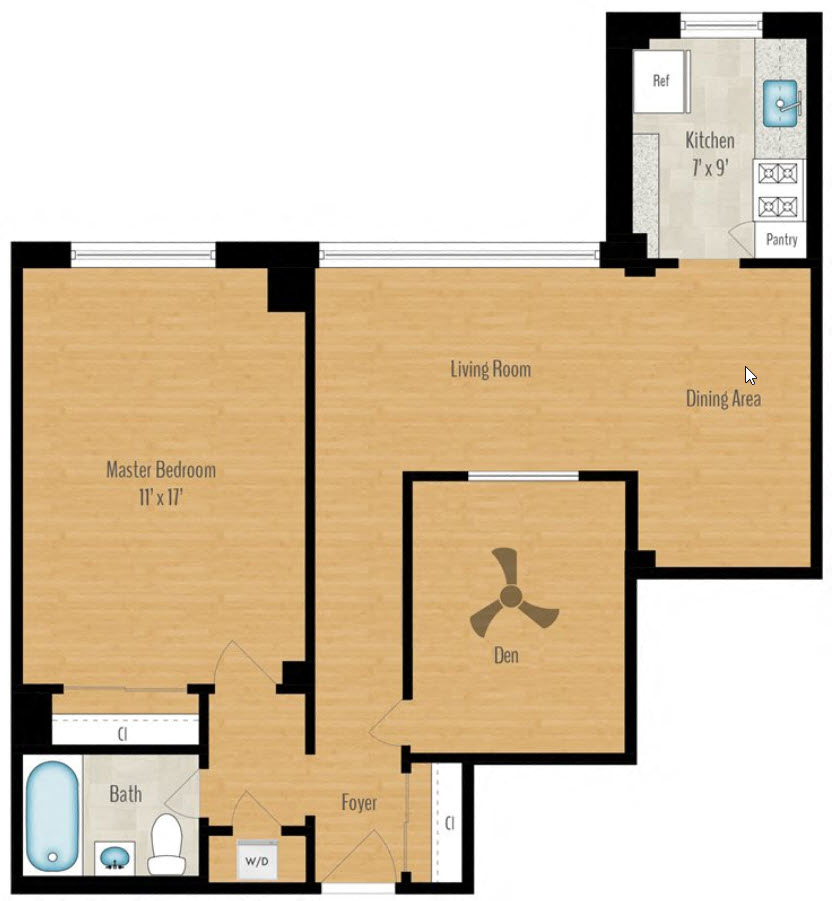 Floor plan for 1 bed, 1 bath, 808 sqft